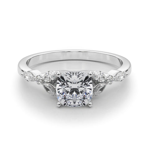 White gold Cushion Diamond Solitaire with Side Stones on a White Gold Band and Four-Prong Setting