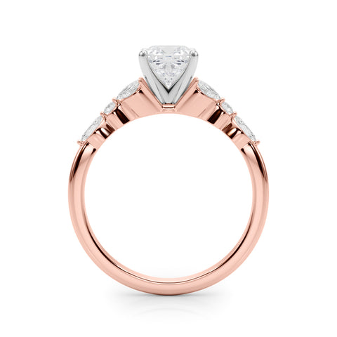 Rose gold Cushion Diamond Solitaire with Side Stones on a White Gold Band and Four-Prong Setting