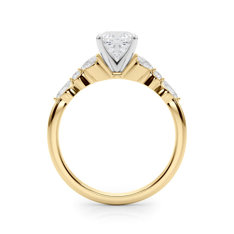 Yellow gold Cushion Diamond Solitaire with Side Stones on a White Gold Band and Four-Prong Setting