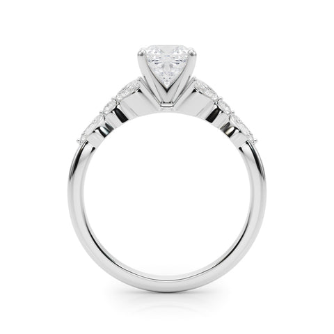 White gold Cushion Diamond Solitaire with Side Stones on a White Gold Band and Four-Prong Setting