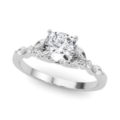 White gold Cushion Diamond Solitaire with Side Stones on a White Gold Band and Four-Prong Setting