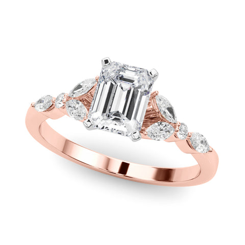 Rose gold Emerald Diamond Solitaire with Side Stones on a White Gold Band and Four-Prong Setting