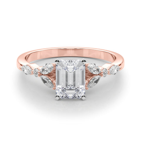 Rose gold Emerald Diamond Solitaire with Side Stones on a White Gold Band and Four-Prong Setting