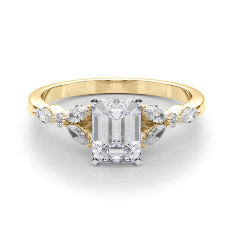 Yellow gold Emerald Diamond Solitaire with Side Stones on a White Gold Band and Four-Prong Setting