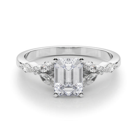 White gold Emerald Diamond Solitaire with Side Stones on a White Gold Band and Four-Prong Setting