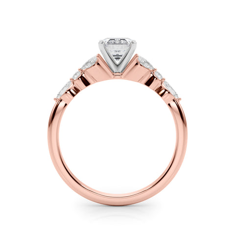 Rose gold Emerald Diamond Solitaire with Side Stones on a White Gold Band and Four-Prong Setting