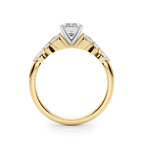 Yellow gold Emerald Diamond Solitaire with Side Stones on a White Gold Band and Four-Prong Setting