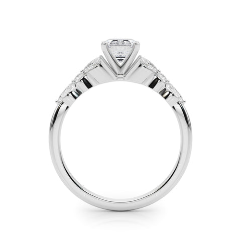 White gold Emerald Diamond Solitaire with Side Stones on a White Gold Band and Four-Prong Setting