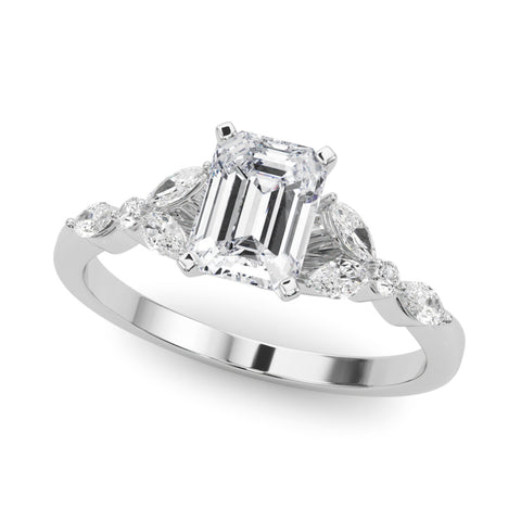 White gold Emerald Diamond Solitaire with Side Stones on a White Gold Band and Four-Prong Setting