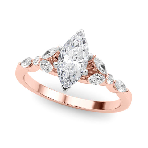 Rose gold Marquise Diamond Solitaire with Side Stones on a White Gold Band and Four-Prong Setting