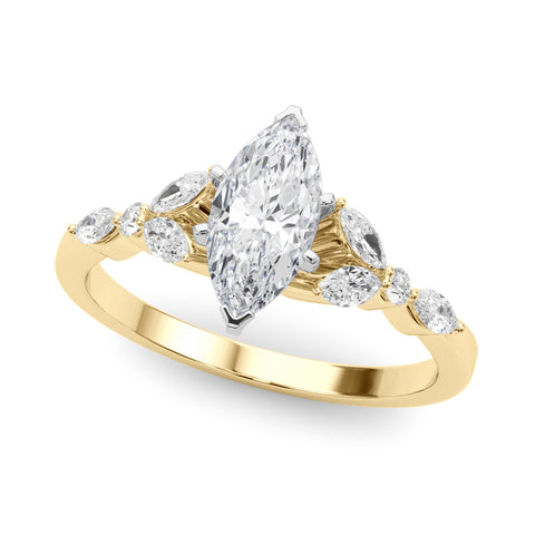 Yellow gold Marquise Diamond Solitaire with Side Stones on a White Gold Band and Four-Prong Setting