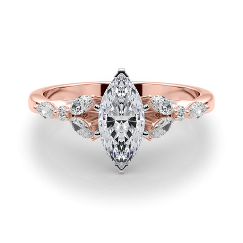 Rose gold Marquise Diamond Solitaire with Side Stones on a White Gold Band and Four-Prong Setting