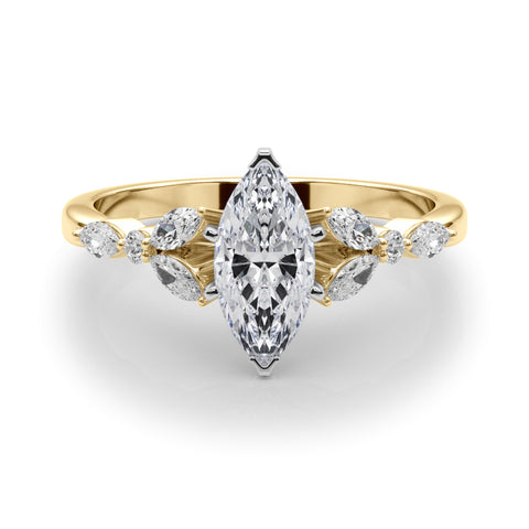 Yellow gold Marquise Diamond Solitaire with Side Stones on a White Gold Band and Four-Prong Setting