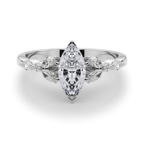 White gold Marquise Diamond Solitaire with Side Stones on a White Gold Band and Four-Prong Setting