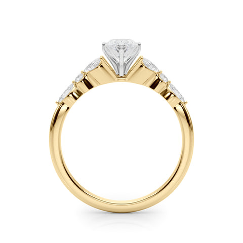 Yellow gold Marquise Diamond Solitaire with Side Stones on a White Gold Band and Four-Prong Setting