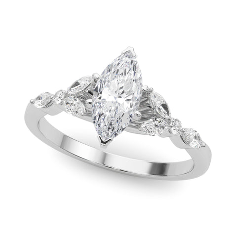 White gold Marquise Diamond Solitaire with Side Stones on a White Gold Band and Four-Prong Setting