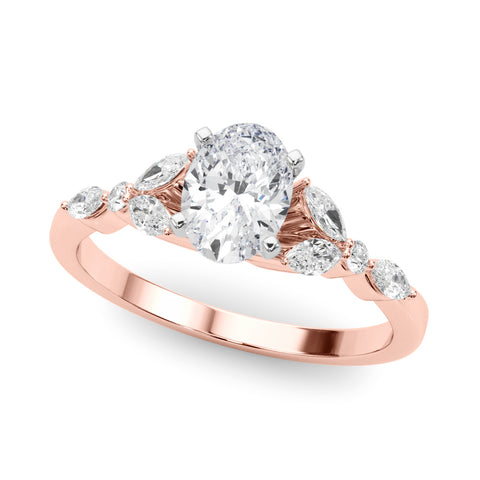 Rose gold Oval Diamond Solitaire with Side Stones on a White Gold Band and Four-Prong Setting