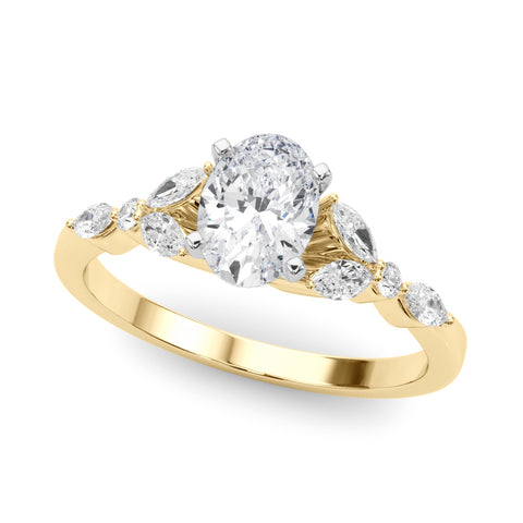 Yellow gold Oval Diamond Solitaire with Side Stones on a White Gold Band and Four-Prong Setting