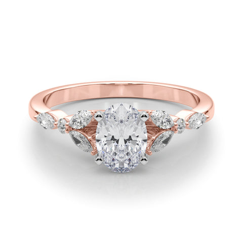 Rose gold Oval Diamond Solitaire with Side Stones on a White Gold Band and Four-Prong Setting