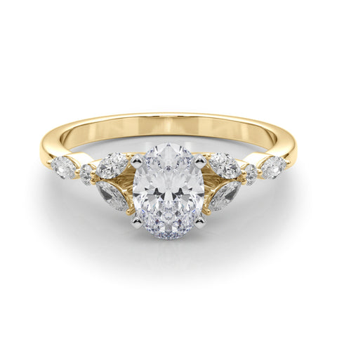 Yellow gold Oval Diamond Solitaire with Side Stones on a White Gold Band and Four-Prong Setting