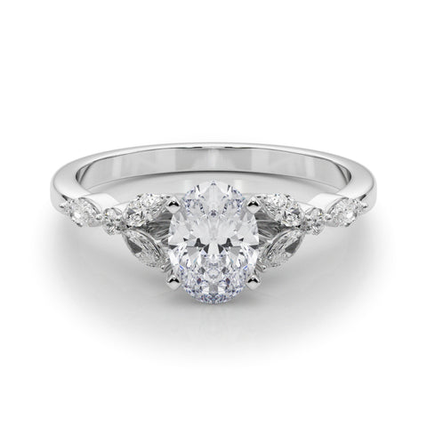 White gold Oval Diamond Solitaire with Side Stones on a White Gold Band and Four-Prong Setting