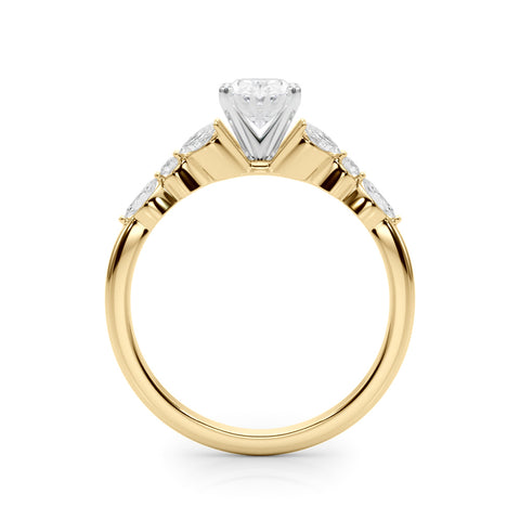 Yellow gold Oval Diamond Solitaire with Side Stones on a White Gold Band and Four-Prong Setting