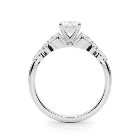 White gold Oval Diamond Solitaire with Side Stones on a White Gold Band and Four-Prong Setting