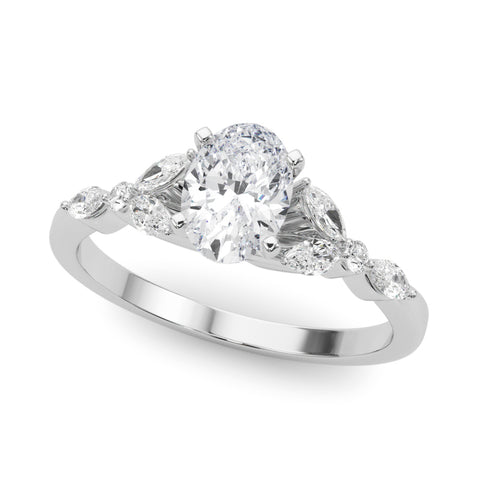 White gold Oval Diamond Solitaire with Side Stones on a White Gold Band and Four-Prong Setting