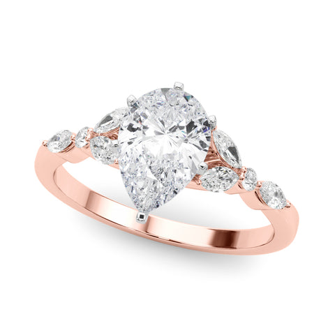 Rose gold Pear Diamond Solitaire with Side Stones on a White Gold Band and Four-Prong Setting