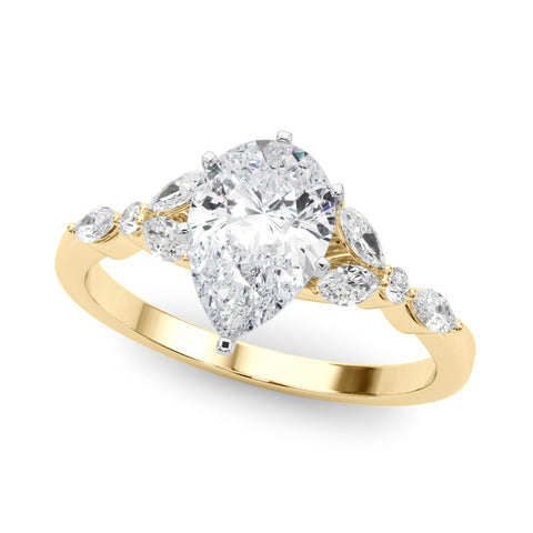 Yellow gold Pear Diamond Solitaire with Side Stones on a White Gold Band and Four-Prong Setting