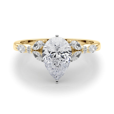 Yellow gold Pear Diamond Solitaire with Side Stones on a White Gold Band and Four-Prong Setting