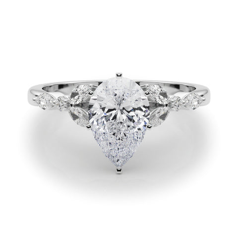 White gold Pear Diamond Solitaire with Side Stones on a White Gold Band and Four-Prong Setting