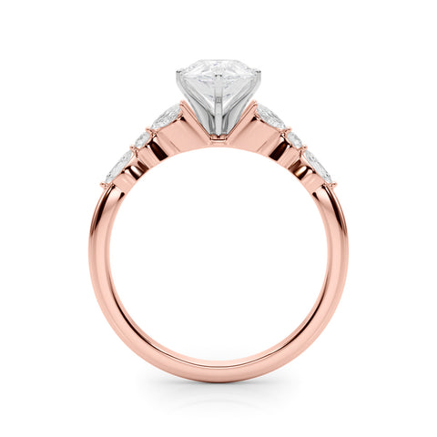 Rose gold Pear Diamond Solitaire with Side Stones on a White Gold Band and Four-Prong Setting