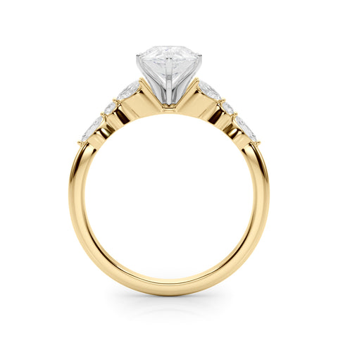 Yellow gold Pear Diamond Solitaire with Side Stones on a White Gold Band and Four-Prong Setting