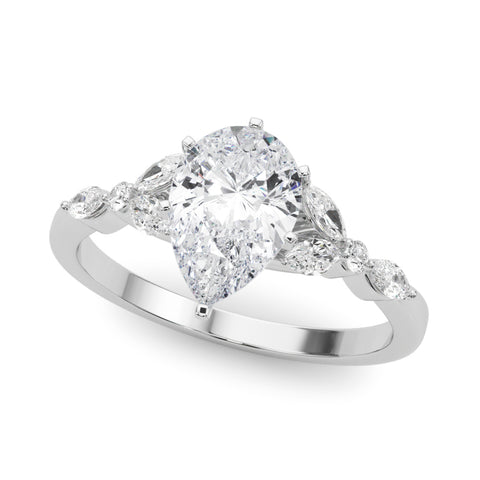 White gold Pear Diamond Solitaire with Side Stones on a White Gold Band and Four-Prong Setting