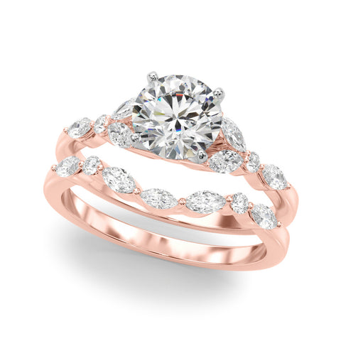 Rose gold Round Diamond Solitaire with Side Stones on a White Gold Band and Four-Prong Setting