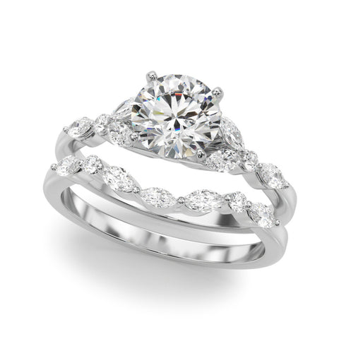 White gold Round Diamond Solitaire with Side Stones on a White Gold Band and Four-Prong Setting