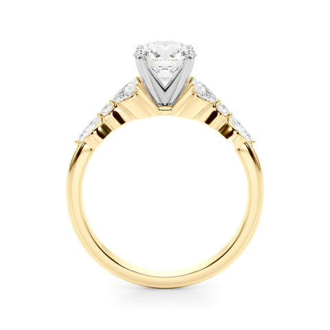 Yellow gold Round Diamond Solitaire with Side Stones on a White Gold Band and Four-Prong Setting