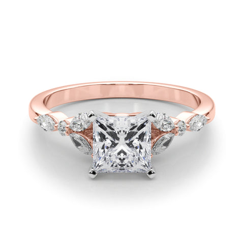 Rose gold Princess Diamond Solitaire with Side Stones on a White Gold Band and Four-Prong Setting