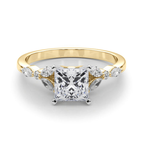 Yellow gold Princess Diamond Solitaire with Side Stones on a White Gold Band and Four-Prong Setting