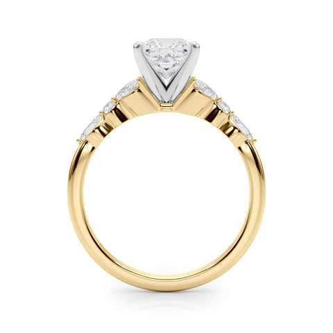 Yellow gold Princess Diamond Solitaire with Side Stones on a White Gold Band and Four-Prong Setting