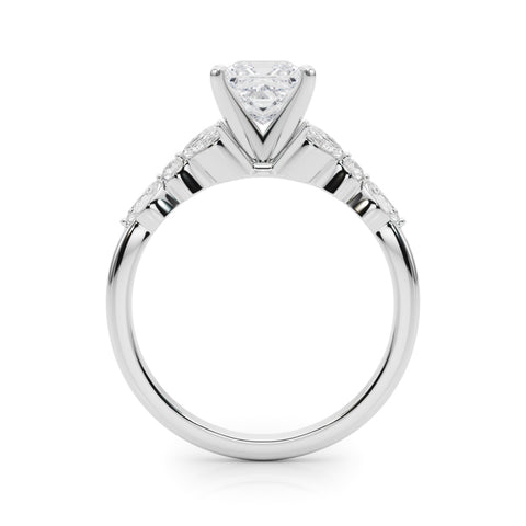 White gold Princess Diamond Solitaire with Side Stones on a White Gold Band and Four-Prong Setting