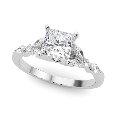 White gold Princess Diamond Solitaire with Side Stones on a White Gold Band and Four-Prong Setting