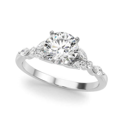 White gold Round Diamond Solitaire with Side Stones on a White Gold Band and Four-Prong Setting