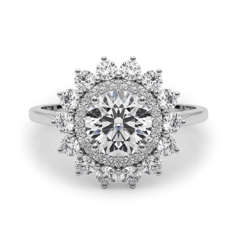 White gold Round Halo Cluster Diamond Ring with Pave Band and Four-Prong Setting