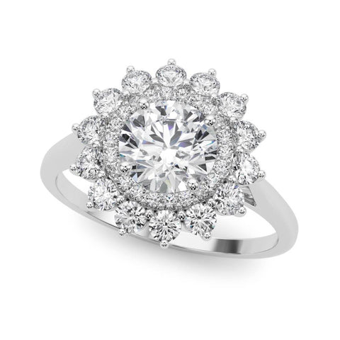 White gold Round Halo Cluster Diamond Ring with Pave Band and Four-Prong Setting