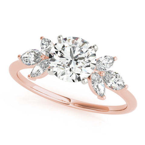 Rose gold Round Diamond Floral Cluster Ring with Marquise Side Stones and Six-Prong Solitaire Setting