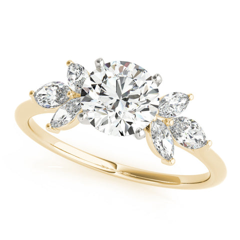 Yellow gold Round Diamond Floral Cluster Ring with Marquise Side Stones and Six-Prong Solitaire Setting