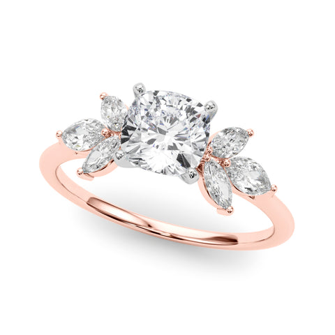 Rose gold Cushion Diamond Floral Cluster Ring with Marquise Side Stones and Six-Prong Solitaire Setting