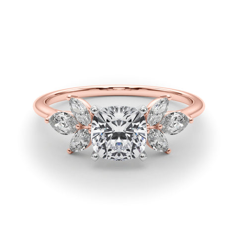 Rose gold Cushion Diamond Floral Cluster Ring with Marquise Side Stones and Six-Prong Solitaire Setting